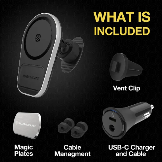 Scosche MagicMount™ Pro Charge5 Dash/Vent uchwyt magnetyczny, indukcyjny do montażu na szybie / desce auta / w biurze z uniwersalną płytką mocującą / MagSafe