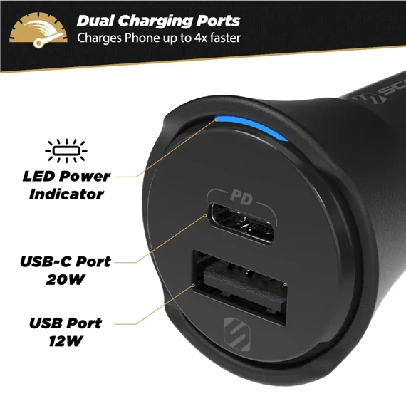 Scosche PowerVolt™ PD32 USB-C mocna ładowarka samochodowa USB-A/USC-C do telefonu / tabletu / laptopa